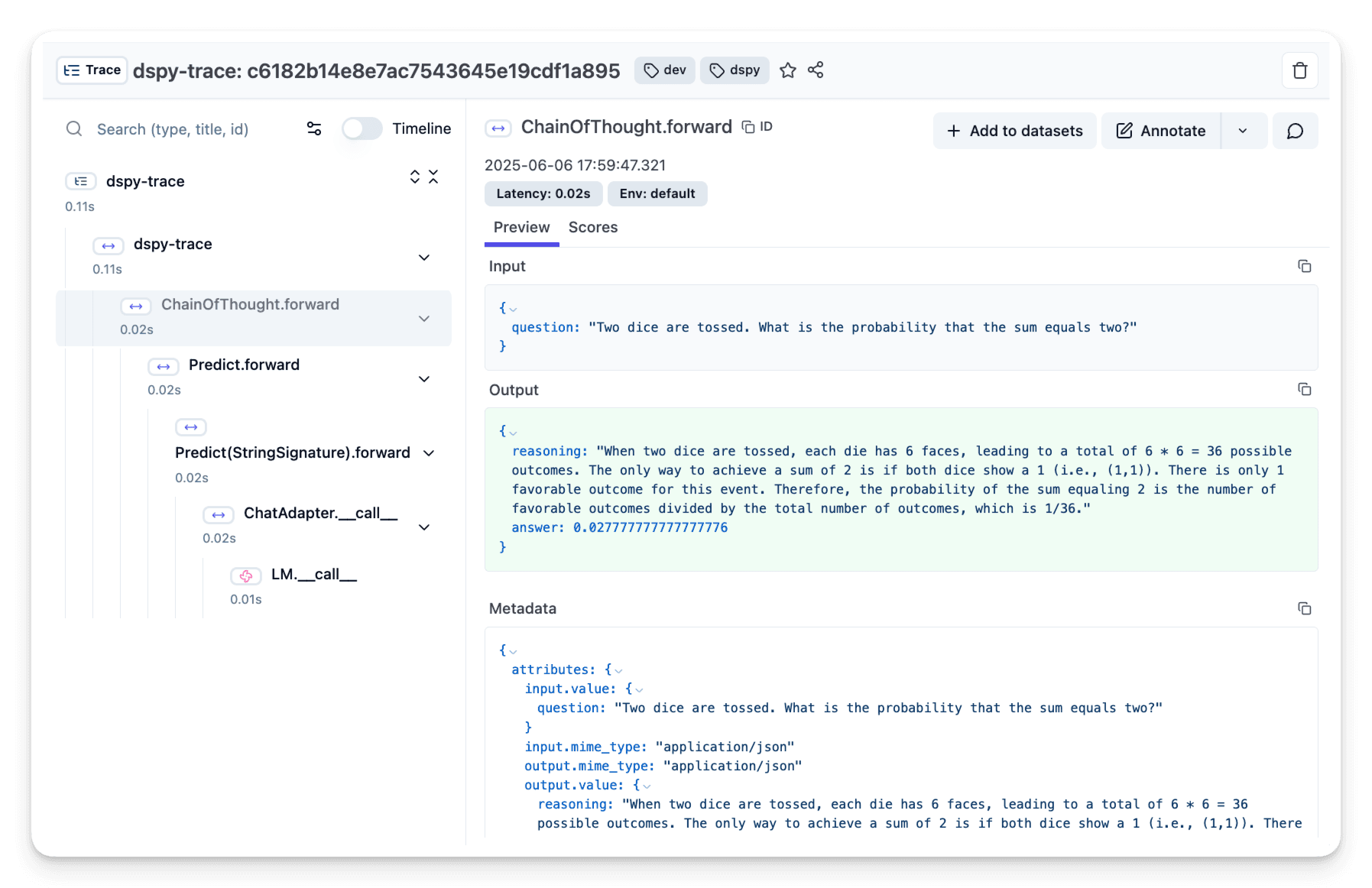 Example trace in Langfuse